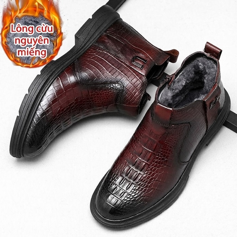 Boot Nam Da Thật Cao Cổ Lót Lông Cừu Giữ Ấm Chiều Cao Đế Khoảng 4cm Màu Đen, Nâu