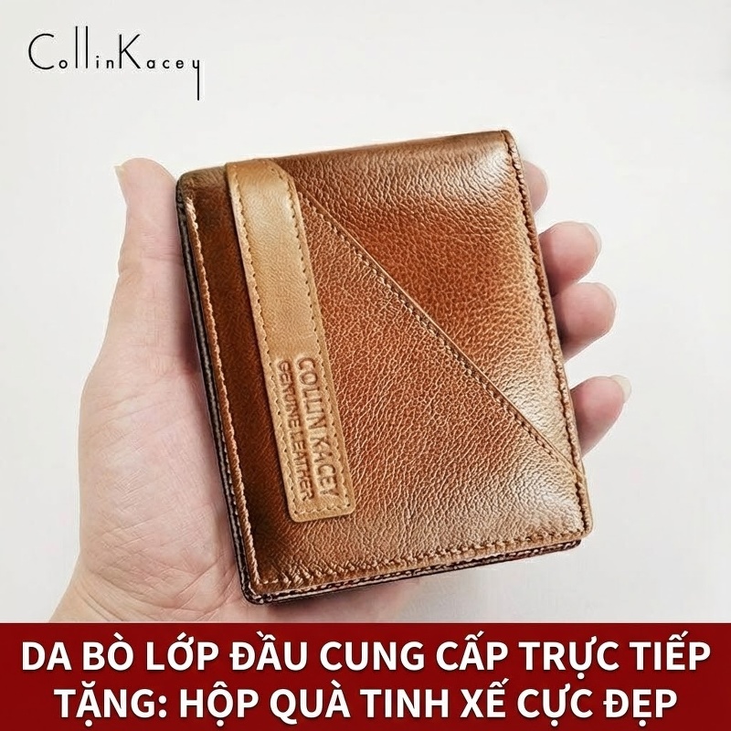 Ví Ngắn Nam Da Dầu Sáp Bò Vintage Nhiều Ngăn Màu Nâu chi tiết 16