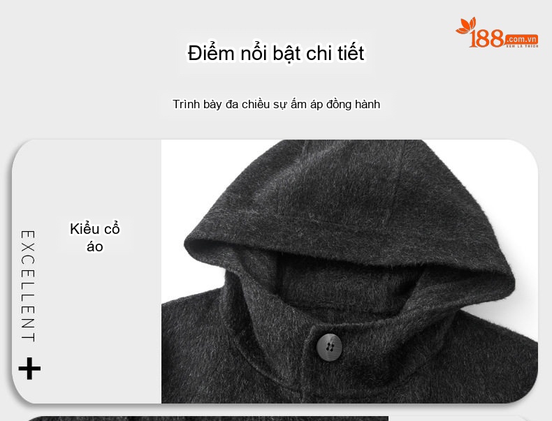 Áo Khoác Dạ Nam Dáng Dài Vừa Mũ Trùm Đầu Cúc Sừng Chất Liệu Lông Cừu 100% Màu Be, Đen, Xám chi tiết 4