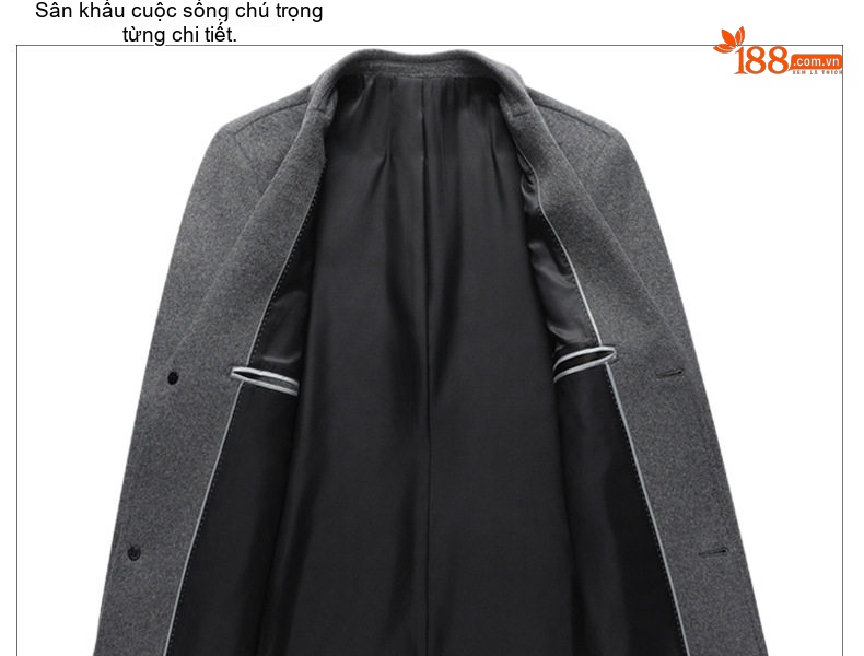 Áo Khoác Dạ Nam Dáng Dài Vừa Cổ chữ Vest Cài Nút Phong Cách Tối Giản Màu Đen, Xám, Nâu chi tiết 7