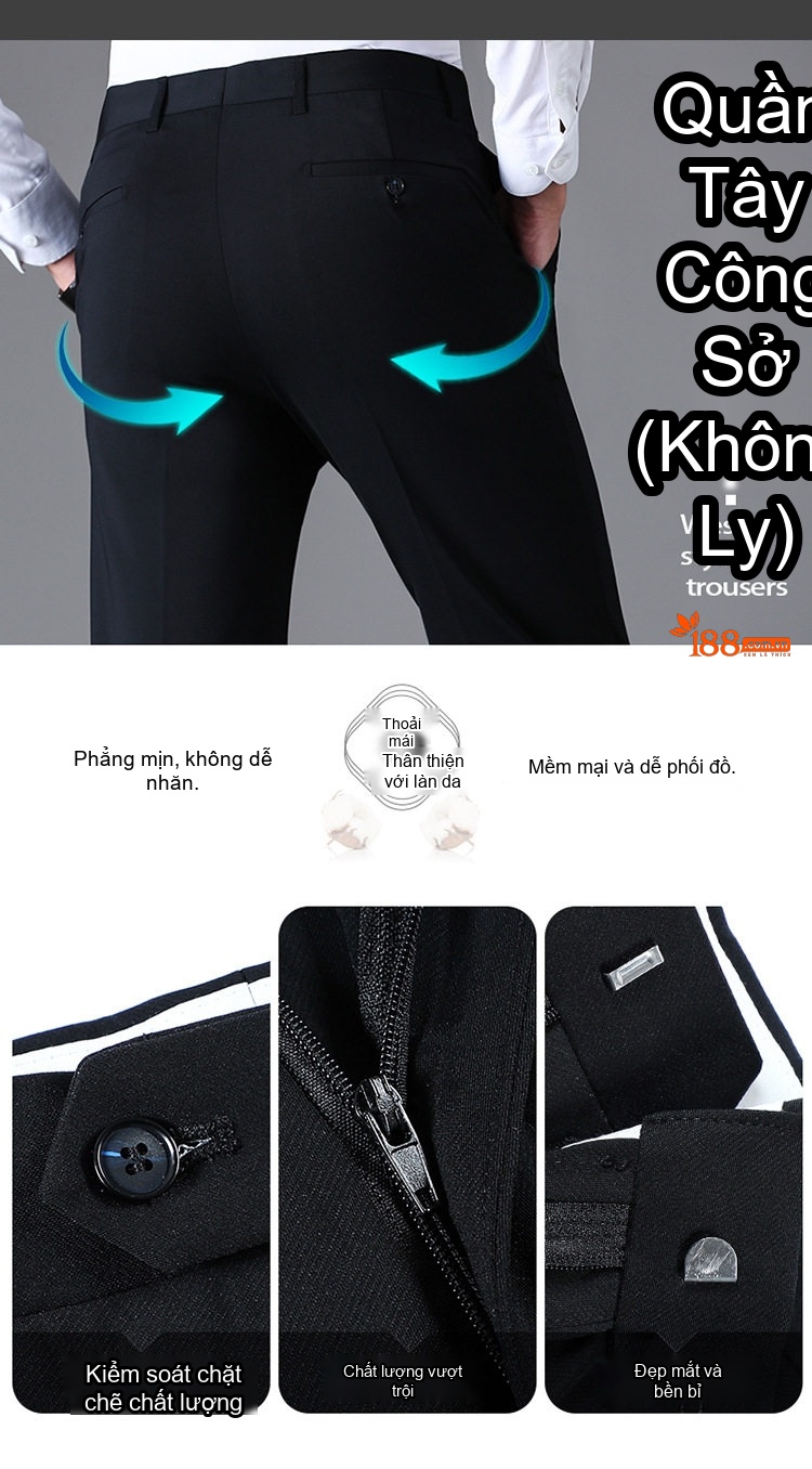 Quần Tây Nam Ống Đứng Silk Wool Chống Nhăn Màu Đen chi tiết 10