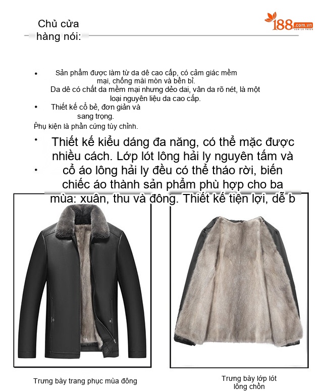 Áo Khoác Da Thật Nam Lót Lông Chồn Cổ Bẻ Ngắn Màu Đen chi tiết 6