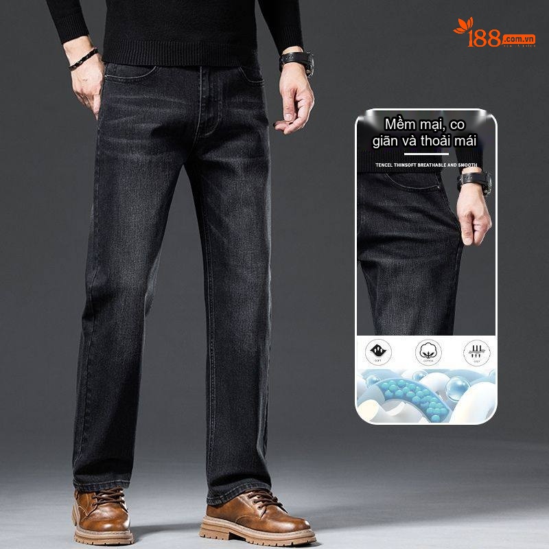 Quần Jean Nam Ống Đứng Cotton Dáng Rộng Co Giãn Thoải Mái Màu Xanh, Đen