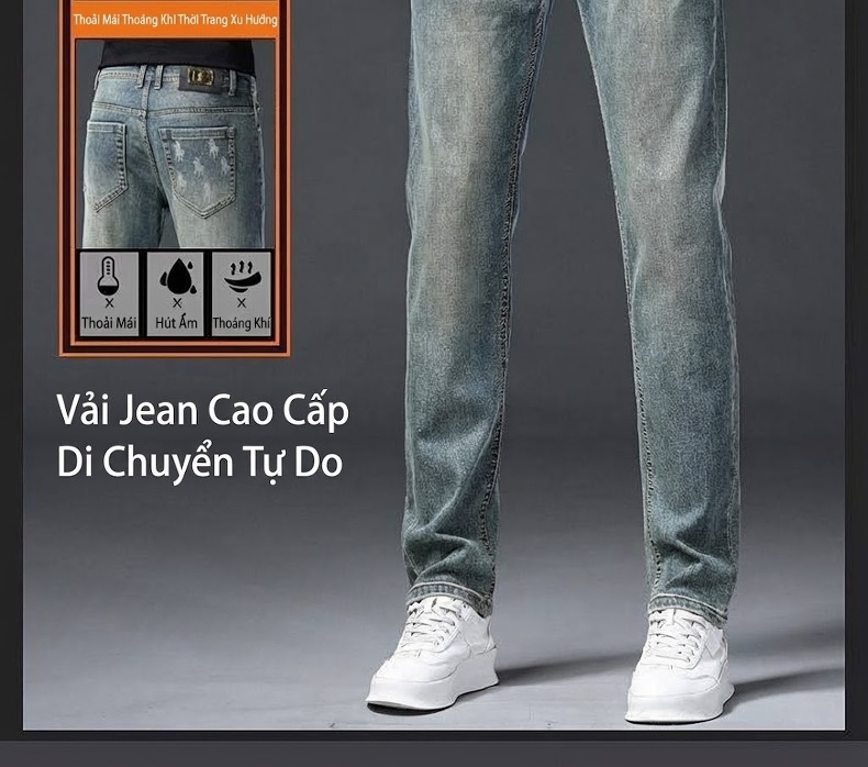 Quần Jean Nam Cotton In Họa Tiết Rách Gối Dáng Ôm Vừa Màu Xanh chi tiết 9