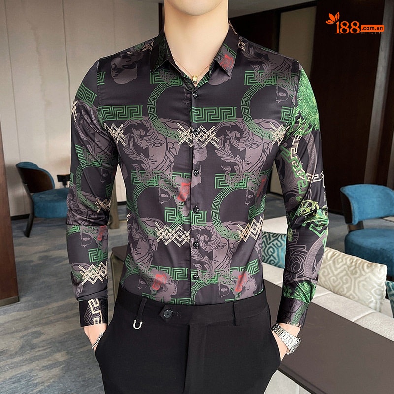 Áo Sơ Mi Nam Tay Dài Họa Tiết Hoa Văn Phong Cách Retro Màu Đen, Đỏ, Xám, Xanh Lá