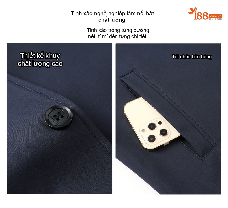 Áo Khoác Nam Cổ Bẻ Khuy Bấm Chống Nhăn Phong Cách Doanh Nhân Màu Xanh Navy chi tiết 5