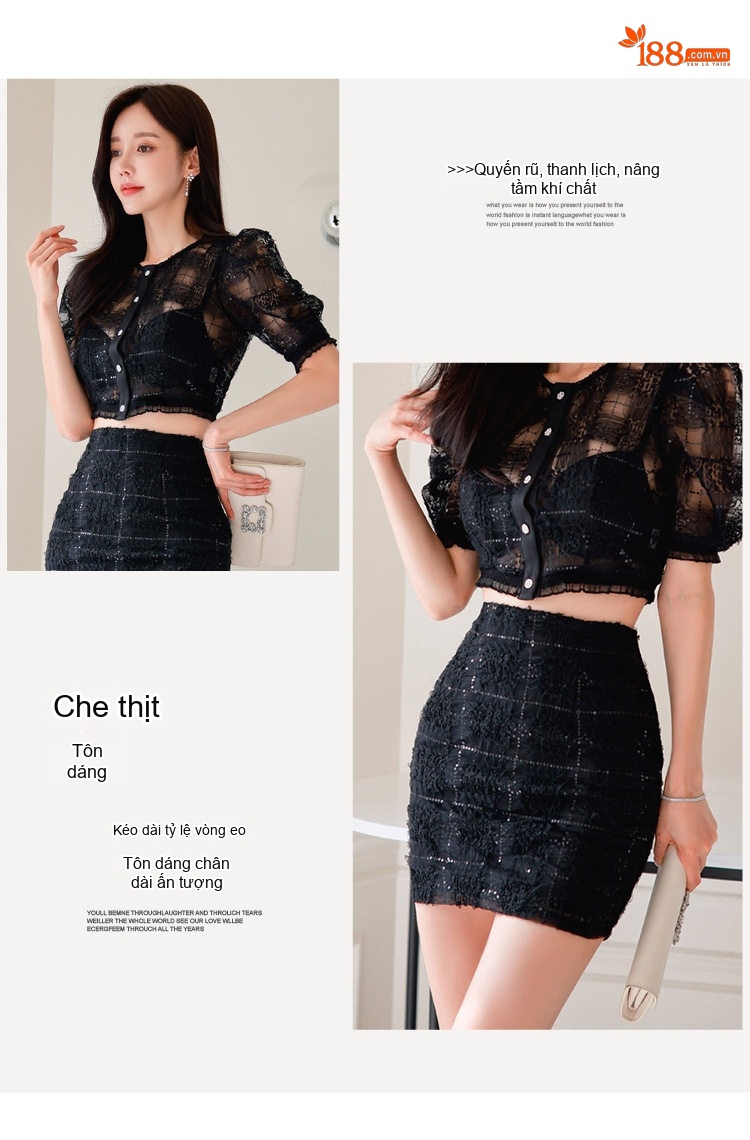 Set Áo Ren Lưới Croptop Tay Ngắn Quần Chân Váy Ngắn Ôm Eo Màu Đen chi tiết 2