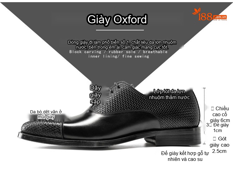Giày Tây Buộc Dây Nam Da Bò Chiều Cao Đế Khoảng 3cm Màu Đen, Nâu chi tiết 2