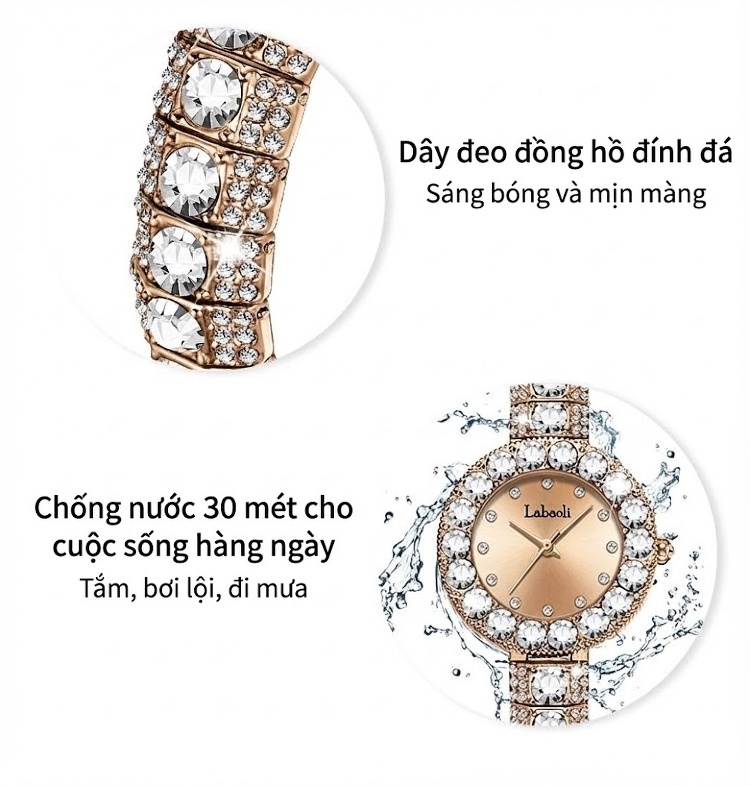 Đồng Hồ Nữ Đính Đá Quartz Mặt Tròn Phong Cách Retro Màu Đỏ, Vàng, Bạc chi tiết 12