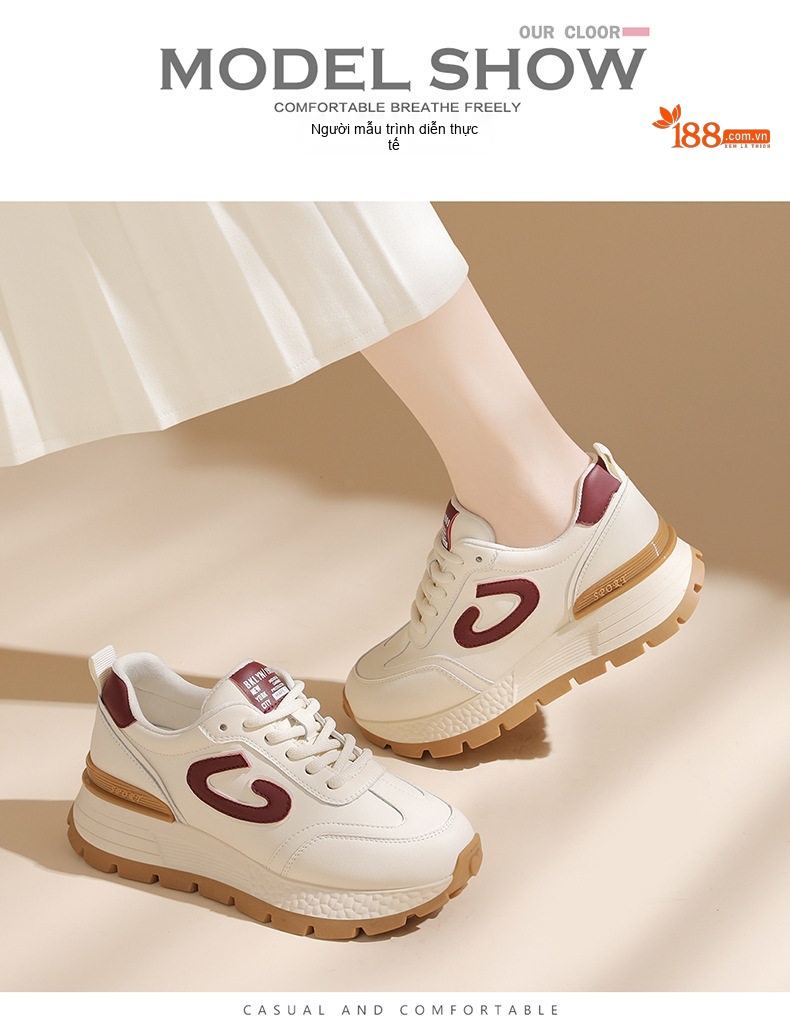 Giày Thể Thao Nữ Da Thật Đế Dày Phong Cách Cổ Điển Chiều Cao Đế Khoảng 4cm Màu Kem chi tiết 8