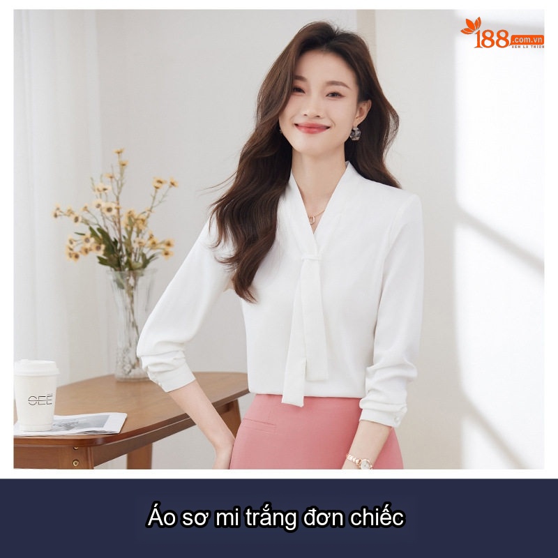 Áo Sơ Mi Nữ Cổ chữ V Chữ V Thắt Nơ Tay Dài Phong Cách Công Sở Màu Trắng, Xanh Navy