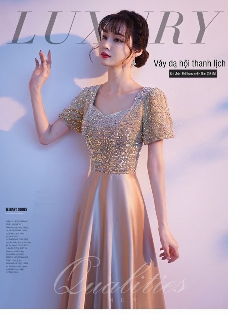 Váy Dạ Hội Nữ Dáng Dài Đính Kim Sa Màu Champagne chi tiết 1