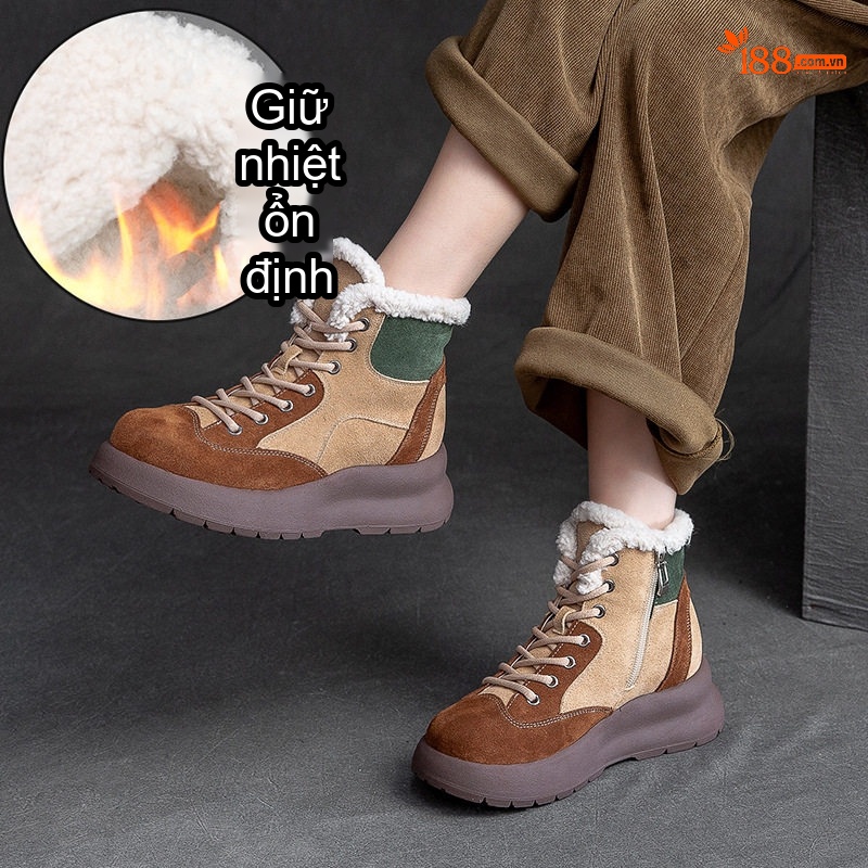 Boot Nữ Cổ Lông Đế Dày Phối Màu Chiều Cao Đế Khoảng 5cm Màu Nâu, Be, Xanh Lá