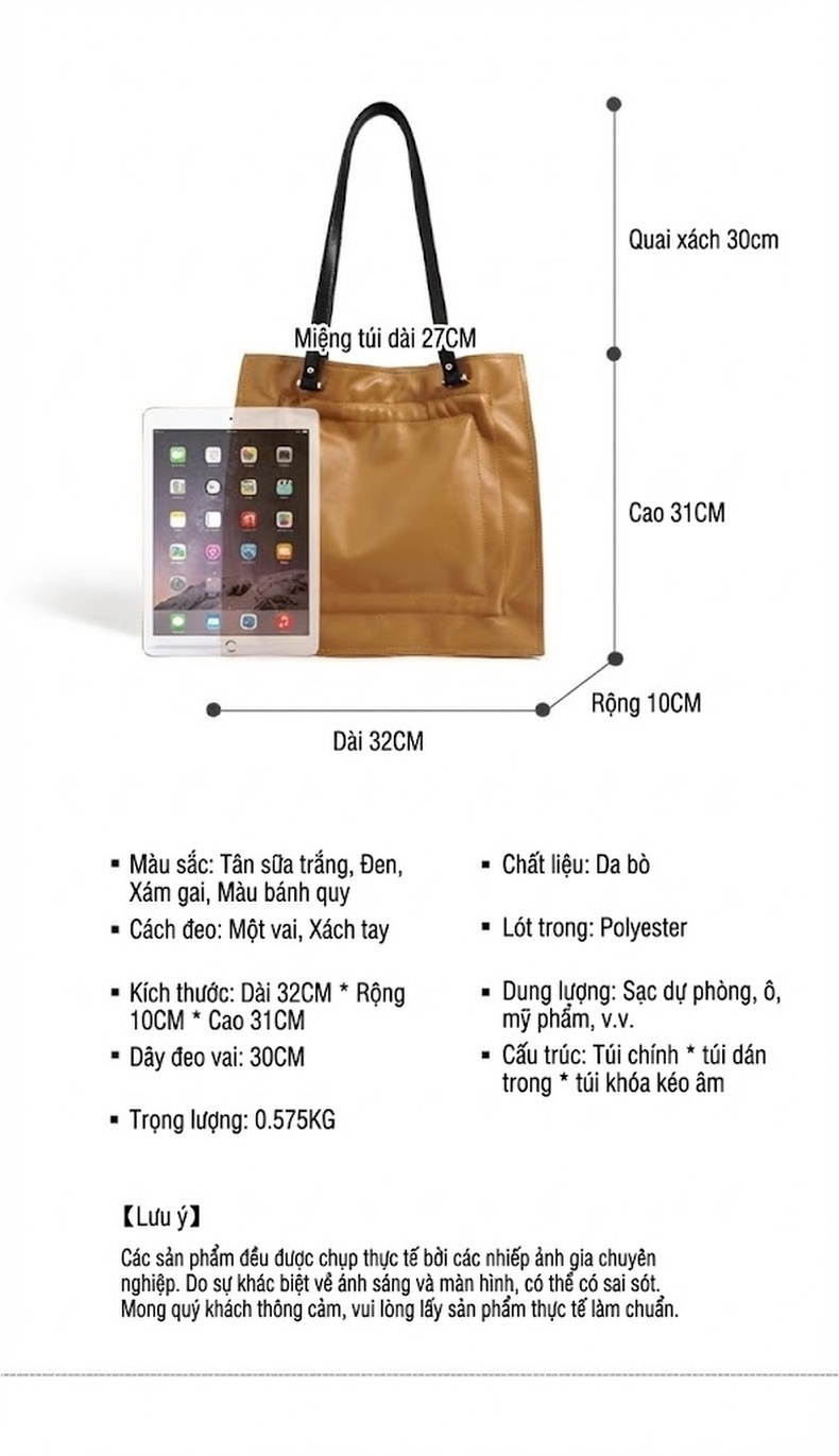 Túi Tote Da Bò Lớn Đeo Vai Phong Cách Tối Giản Màu Nâu chi tiết 5