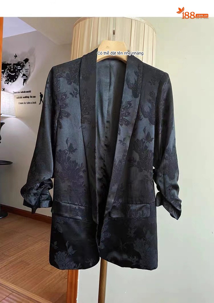 Set Bộ Vest Nữ Quần Dài Áo Blazer Tay Lỡ Chất Vải Gấm Hoa Văn Sang Trọng Màu Đen chi tiết 9