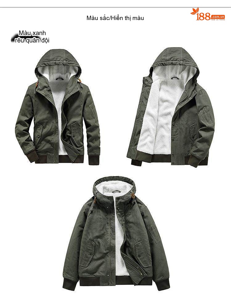 Áo Khoác Cotton Nam Lót Lông Có Mũ Trùm Đầu Dáng Rộng Màu Xanh Rêu, Xanh Navy chi tiết 13