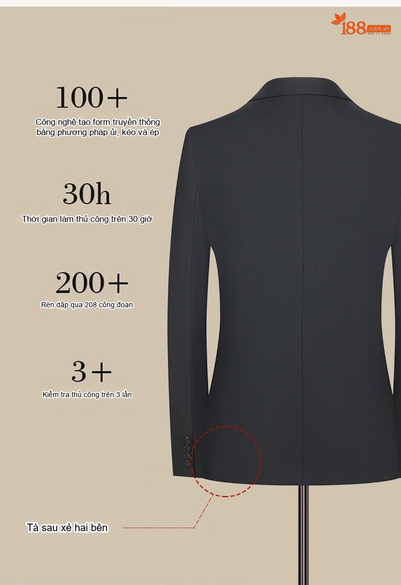 Bộ Vest Nam Áo Blazer Xẻ Tà Hai Bên Màu Đen chi tiết 6