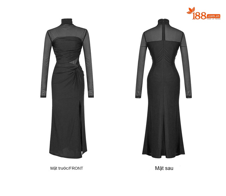 Váy Ôm Body Nữ Tay Dài Cổ Lọ Lưới Mỏng Xuyên Thấu Xẻ Tà Màu Đen chi tiết 5