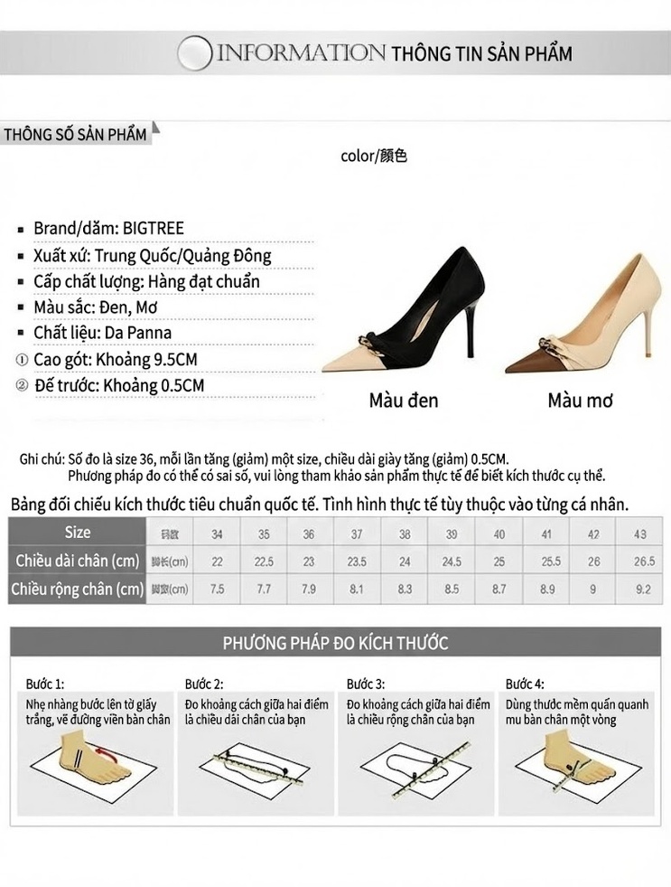 Giày Cao Gót Nữ Mũi Nhọn Gót Nhọn Chiều Cao Đế Khoảng 8cm Trang Trí Xích Kim Loại Màu Kem, Đen, Nâu chi tiết 1