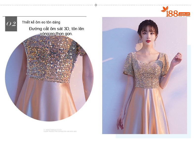 Váy Dạ Hội Nữ Dáng Dài Đính Kim Sa Màu Champagne chi tiết 3