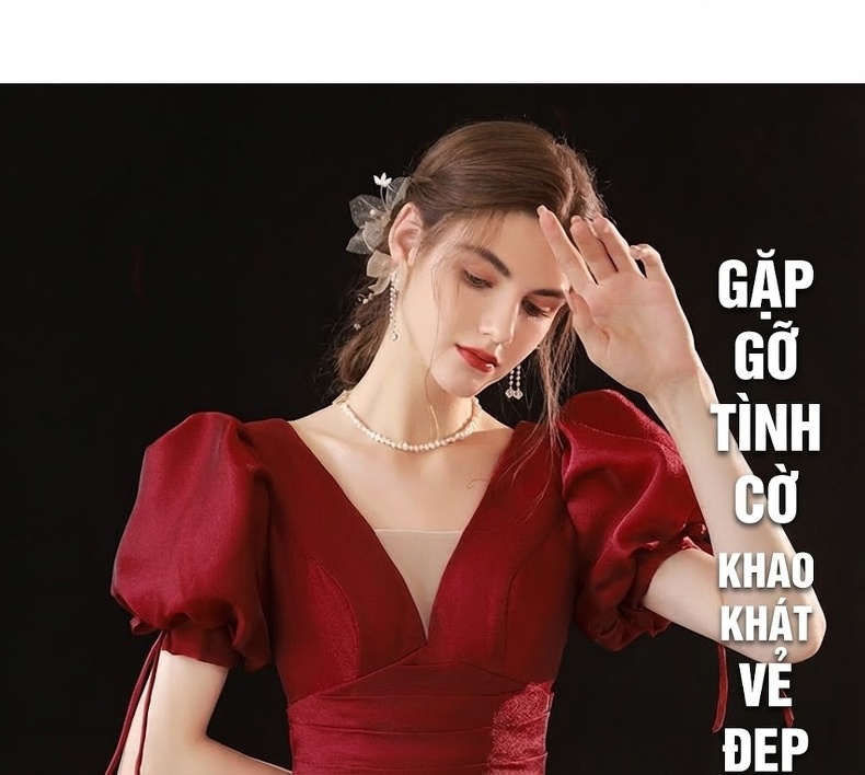 Váy Dự Tiệc Cưới Cô Dâu Tay Bồng Phong Cách Công Chúa Màu Đỏ Rượu chi tiết 3