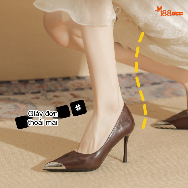Giày Cao Gót Mũi Nhọn Nữ Da Cừu Chiều Cao Đế Khoảng 7cm Màu Đen, Nâu