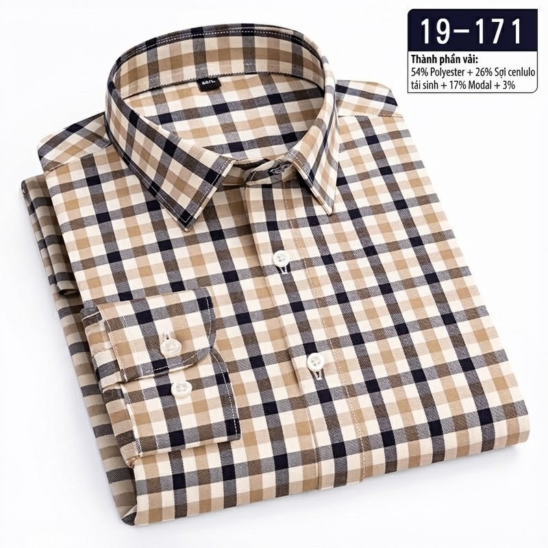 Áo Sơ Mi Dài Tay Nam Sợi Tre Họa Tiết Kẻ Caro Màu Xám, Nâu, Đen, Xanh Navy... chi tiết 13