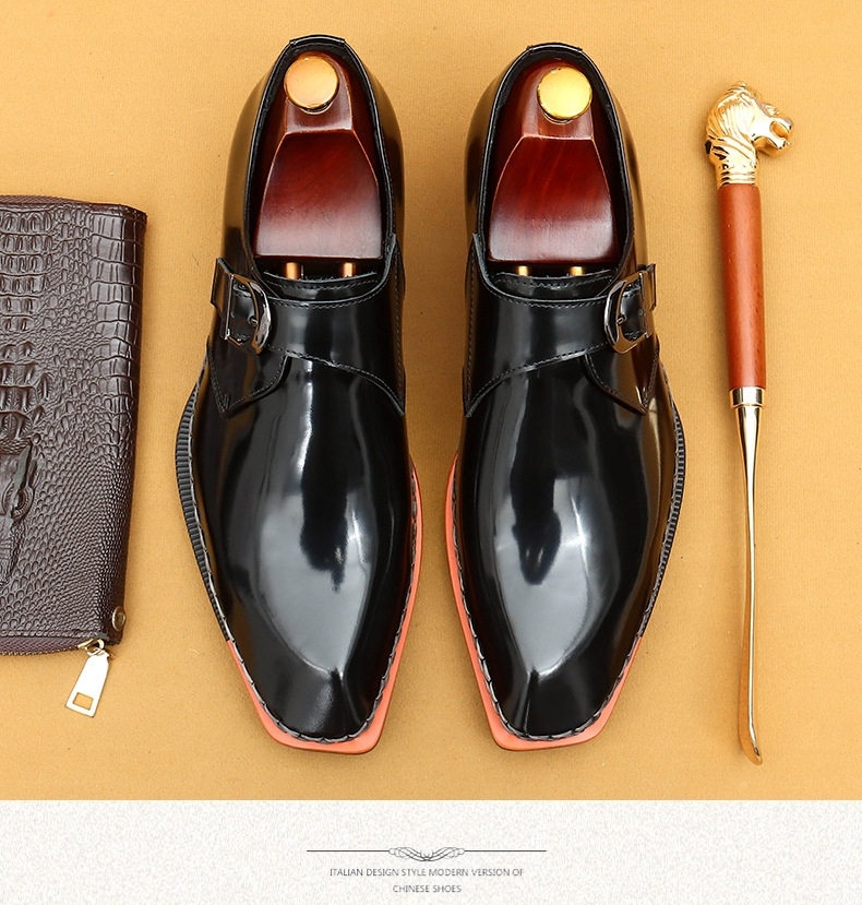 Giày Monk Strap Nam Da Bóng Cao Cấp Chiều Cao Đế Khoảng 3cm Màu Đen chi tiết 4