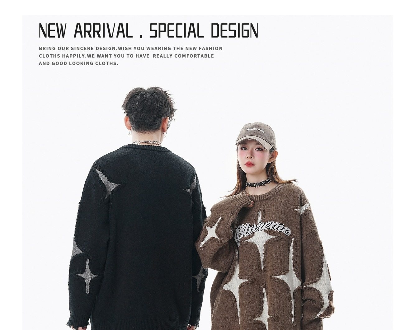 Áo Sweater Dệt Kim Cổ Tròn Tay Dài Họa Tiết Ngôi Sao Màu Nâu, Đen chi tiết 6