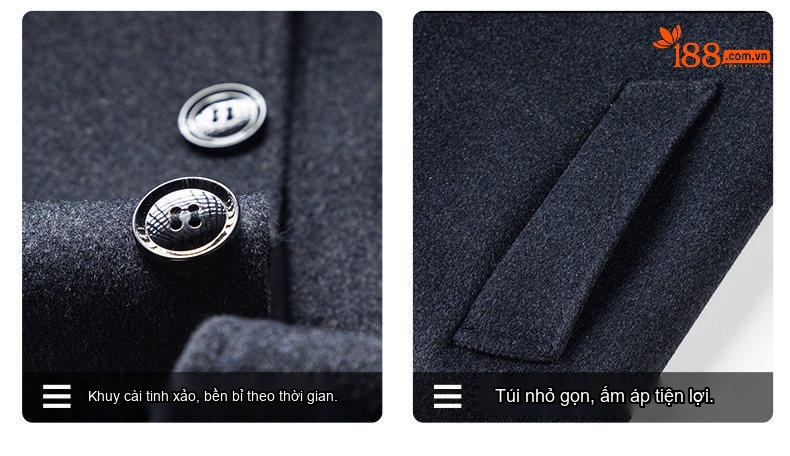 Áo Khoác Dạ Nam Trung Dài Woolen Phong Cách Business Casual Màu Xám Đậm chi tiết 3