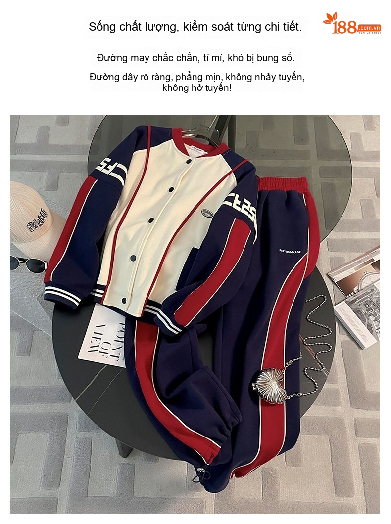 Bộ Quần Áo Thể Thao Nữ Áo Khoác Bomber Quần Ống Rộng Phong Cách Thu Đông Màu Kem, Xanh Navy, Đỏ chi tiết 6
