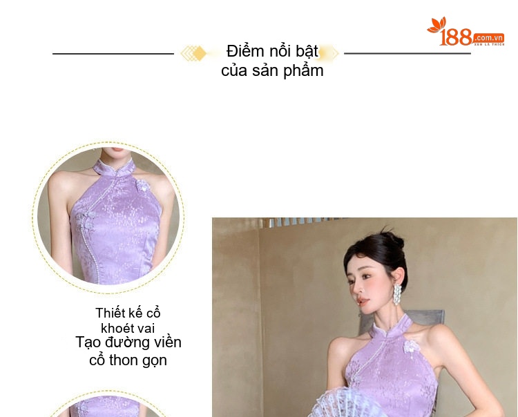 Váy liền thân Nữ Họa Tiết Gấm Thêu, Cổ Yếm, Xẻ Tà, Dáng Bút Chì Màu Tím chi tiết 3