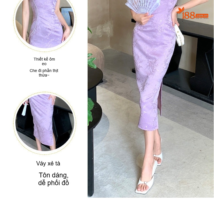 Váy liền thân Nữ Họa Tiết Gấm Thêu, Cổ Yếm, Xẻ Tà, Dáng Bút Chì Màu Tím chi tiết 4