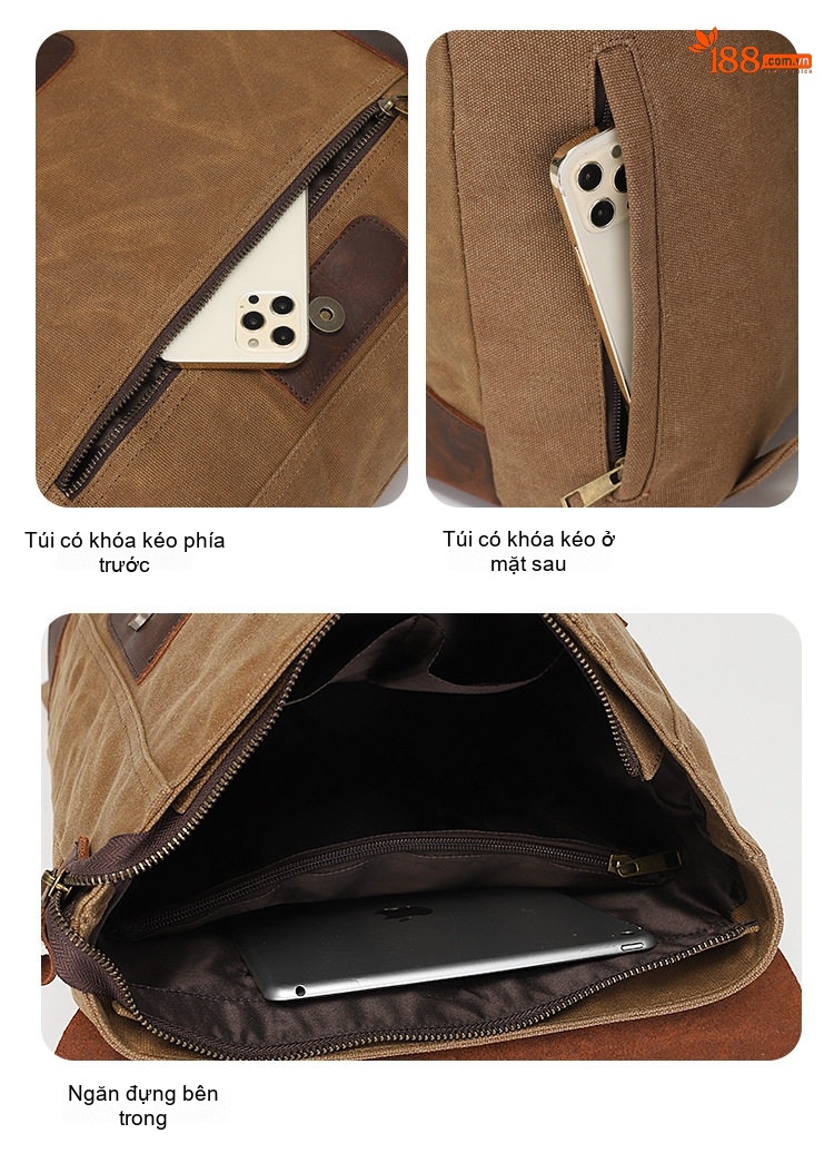 Balo Du Lịch Laptop Vải Canvas Dầu Sáp Chống Thấm Nước Cỡ Lớn Màu Nâu, Xám, Đen, Xanh... chi tiết 6