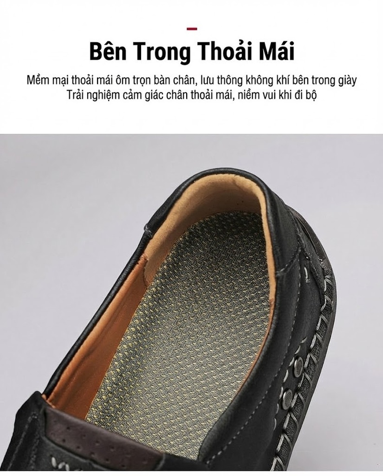 Giày Lười Nam Da Mờ May Thủ Công Thoải Mái Chiều Cao Đế Khoảng 2cm Màu Nâu, Đen, Xám, Vàng chi tiết 5