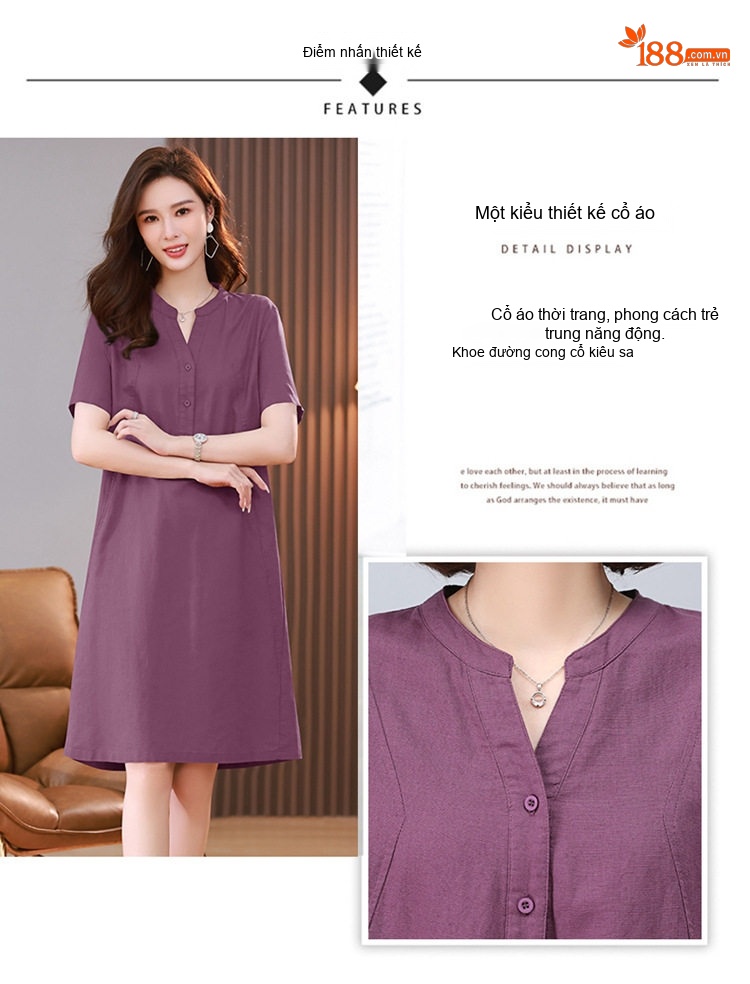 Váy Midi Nữ Cổ chữ V Tay Ngắn Phong Cách Retro Thanh Lịch Cotton Màu Xanh Rêu, Xanh Lá, Tím, Xanh Navy... chi tiết 7