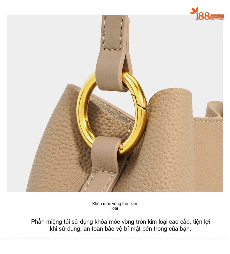 Túi Xách Nữ Da Bò Mini Bucket Đeo Vai, Đeo Chéo Màu Kem, Nâu, Tím chi tiết 14