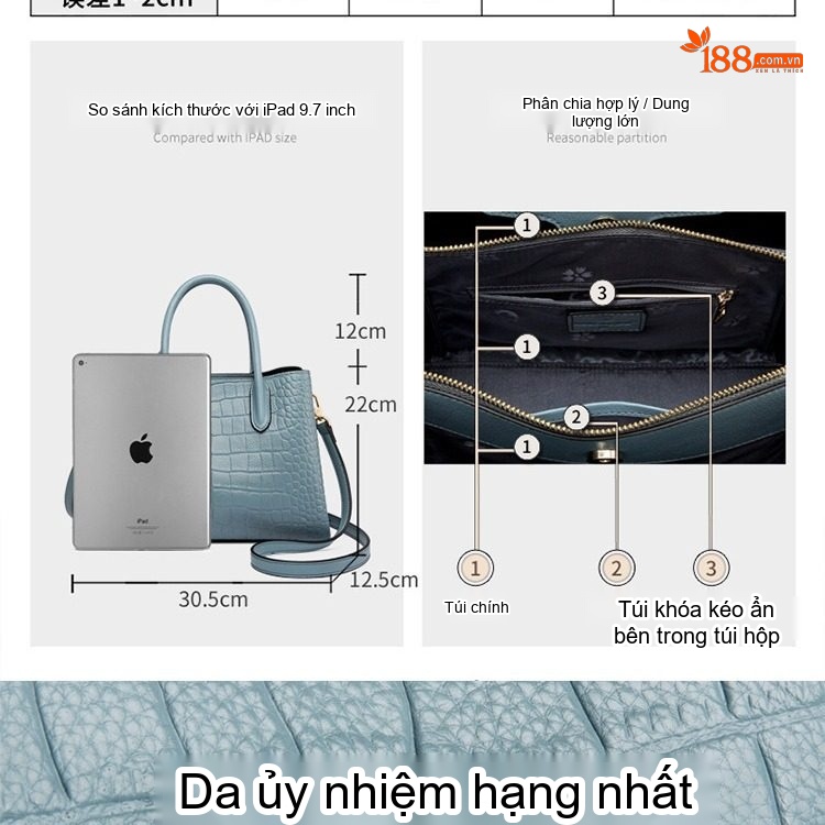Túi Xách Tay Nữ Da Bò Dung Tích Lớn Thời Trang Công Sở Màu Xanh, Đen