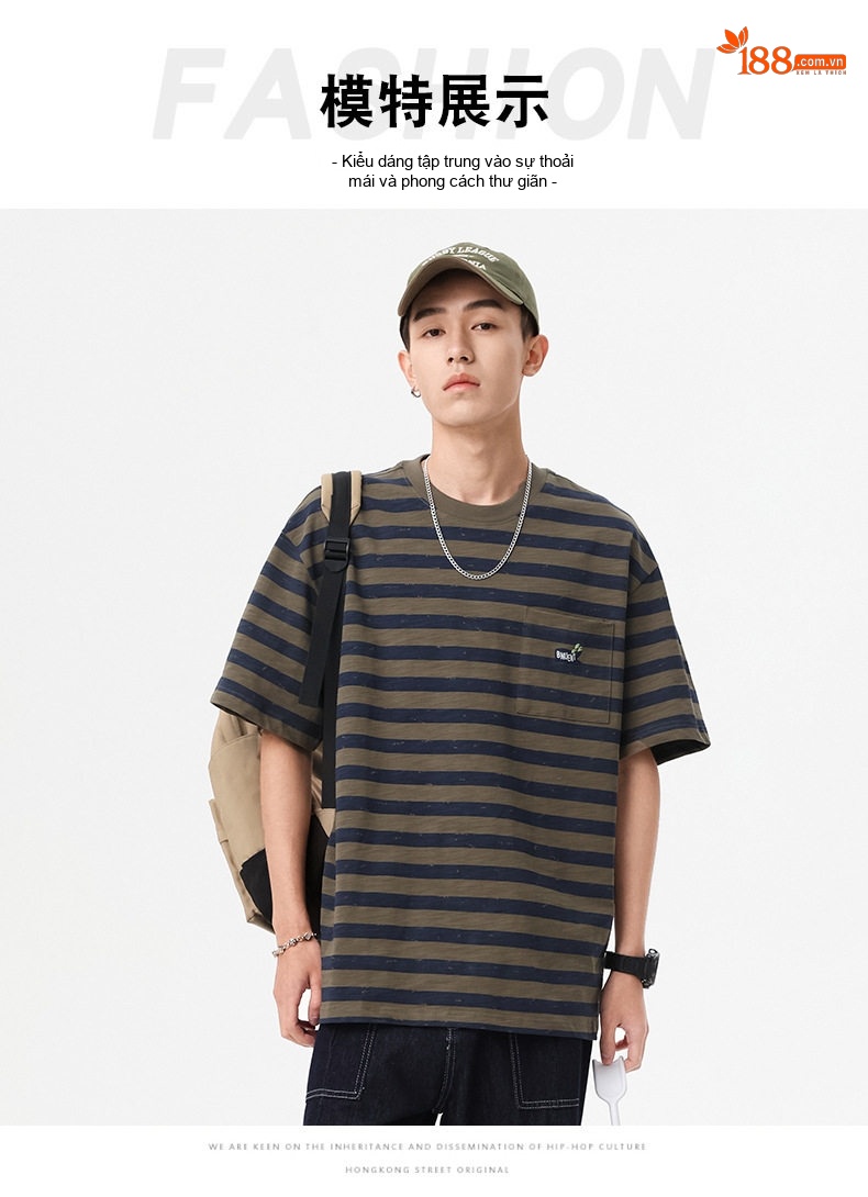 Áo Thun Nam Tay Ngắn Cotton Họa Tiết Sọc Ngang Form Rộng Màu Xanh Olive, Trắng chi tiết 7