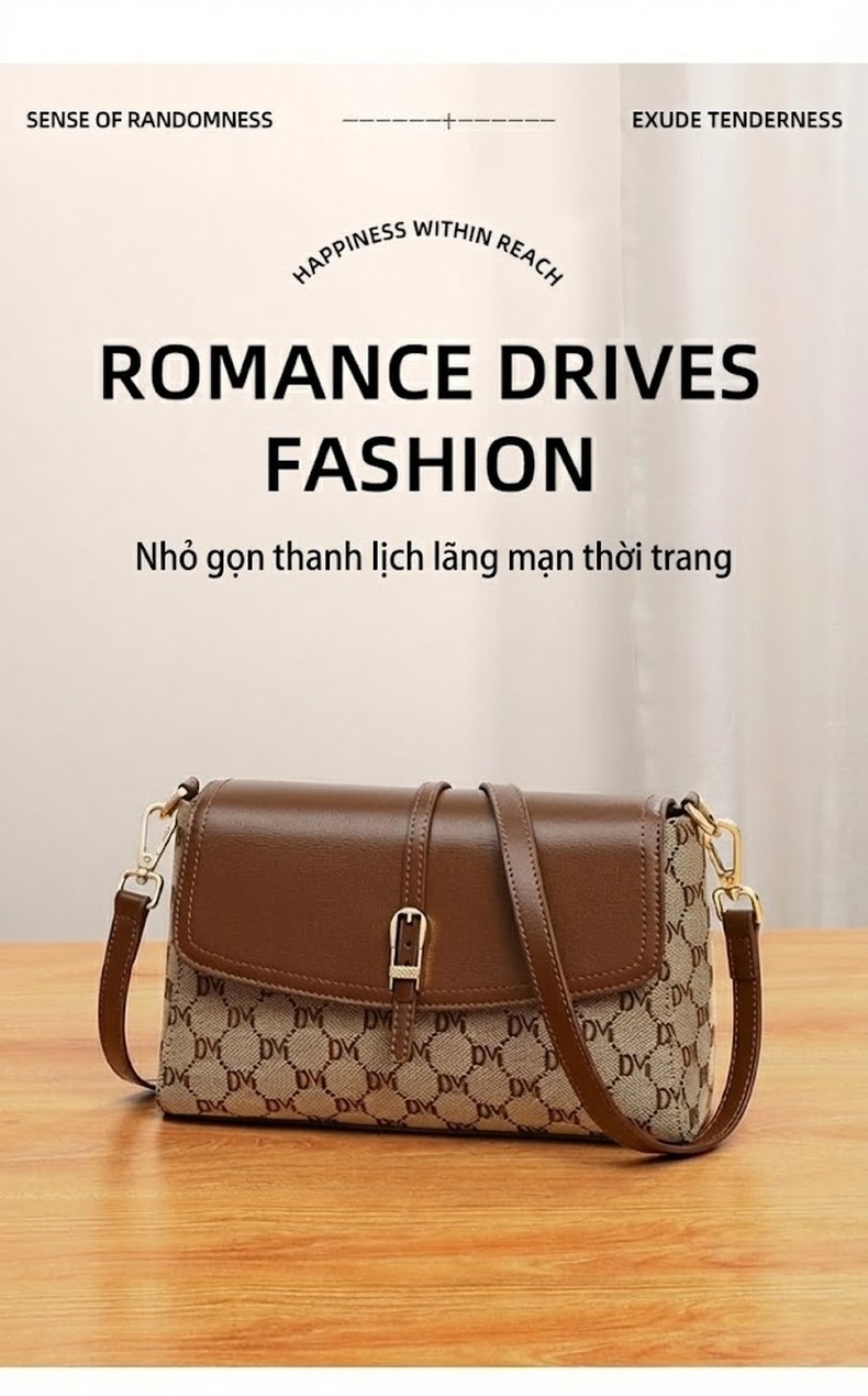 Túi Đeo Chéo Nữ Da Bóng Họa Tiết Khóa Cài Phong Cách Trung Niên, Túi Vuông Nhỏ Sức Chứa Lớn Màu Nâu, Kem chi tiết 1