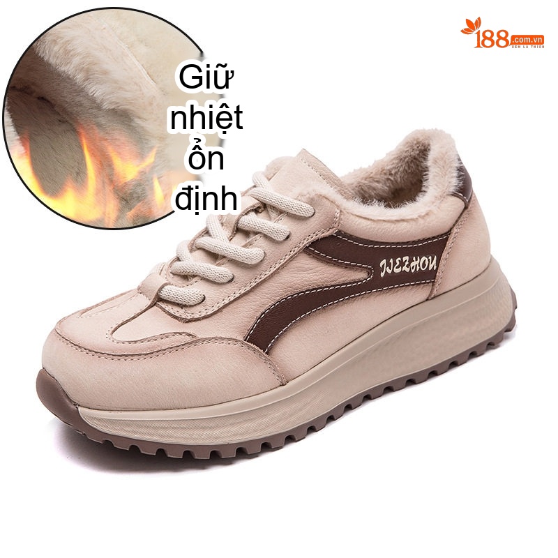 Giày Thể Thao Nữ Lót Lông Đi Mùa Đông Chiều Cao Đế Khoảng 4cm Màu Nâu, Kem