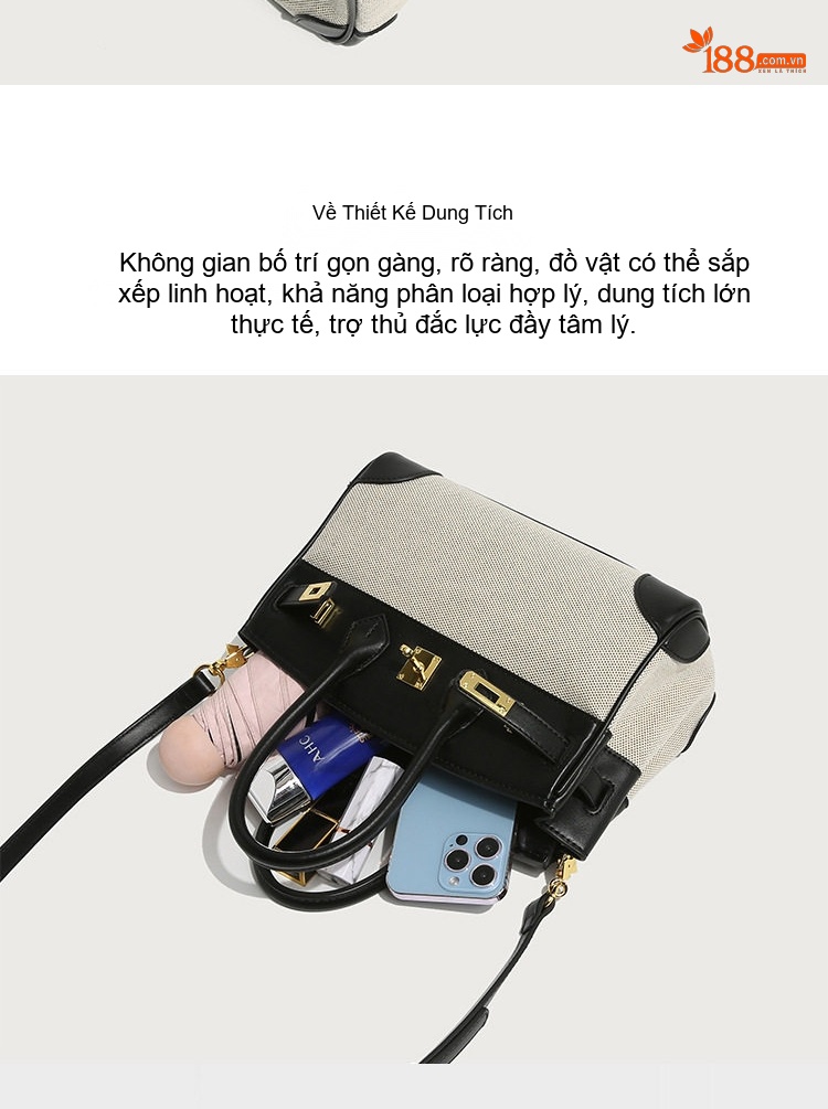Túi Xách Nữ Mini Platinum Vải Bố Đeo Vai, Đeo Chéo Khóa Gài Màu Trắng Kem, Nâu, Đen chi tiết 5