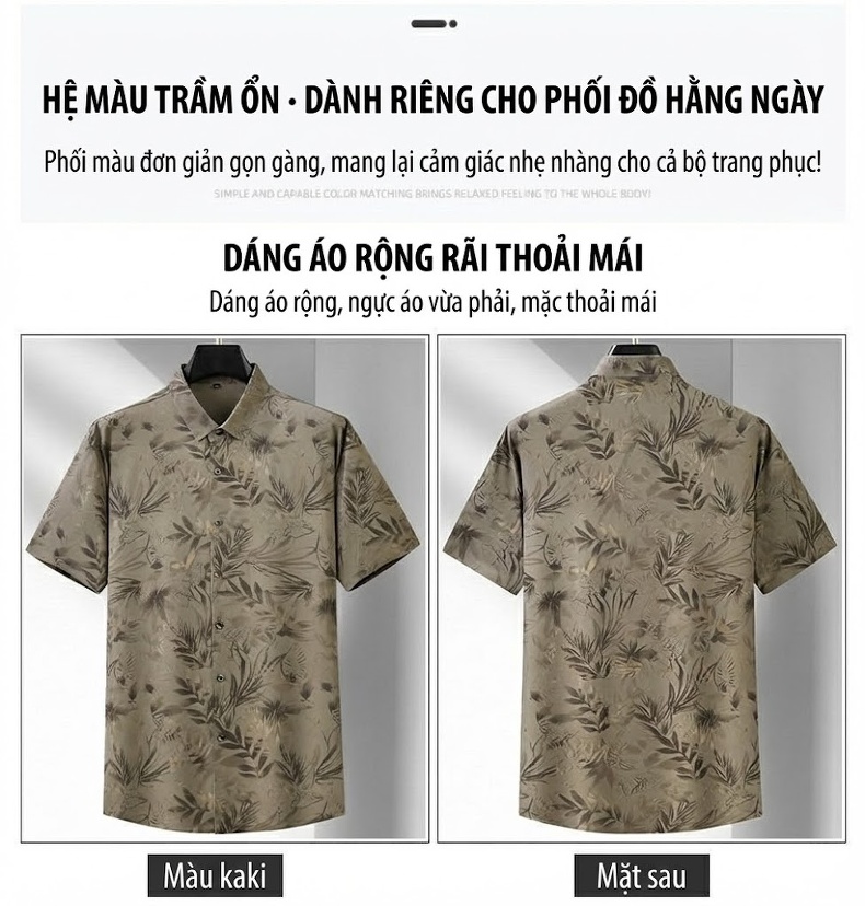 Áo Sơ Mi Nam Tay Ngắn Ice Silk Họa Tiết Lá Cây Form Rộng Màu Xám chi tiết 10