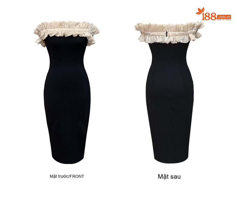 Váy Ôm Body Nữ Hở Vai Viền Bèo Nhún Xẻ Tà Dáng Dài Màu Đen, Kem chi tiết 6