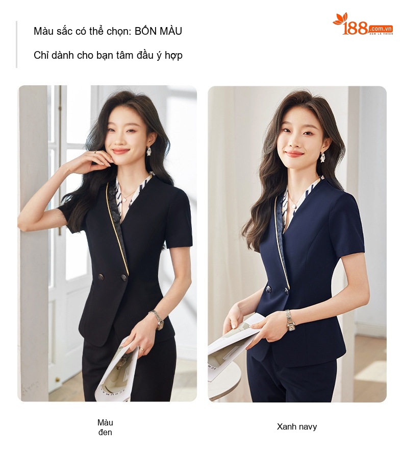 Bộ Vest Nữ Tay Ngắn Mỏng Mùa Hè Phong Cách Công Sở Thanh Lịch Màu Đen, Xanh Than chi tiết 10