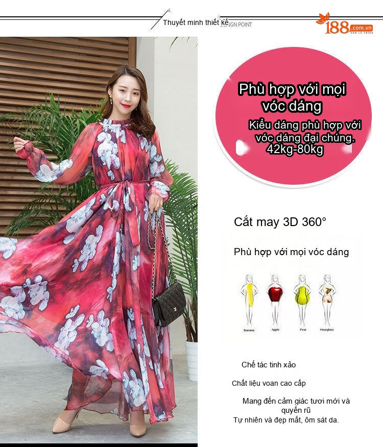 Đầm Maxi Dài Tay Phong Cách Bohemian Thắt Eo Màu Đỏ Rượu Vang Họa Tiết Hoa chi tiết 2