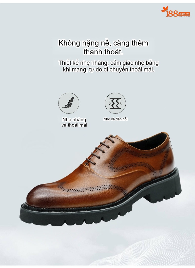 Giày Tây Brogue Nam Da Bóng Đế Dày Chiều Cao Đế 4cm Màu Đen, Nâu chi tiết 3