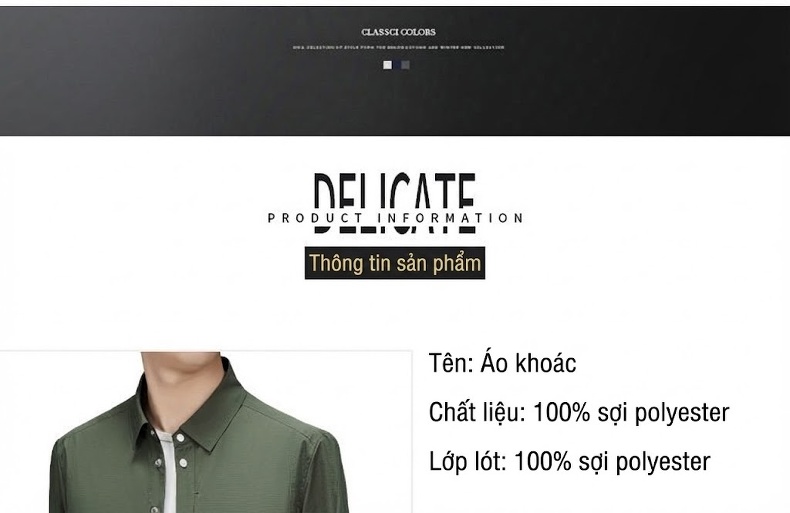 Áo Khoác Nam Cổ Sơ Mi Mỏng Nhẹ Màu Xanh Olive, Đen chi tiết 3