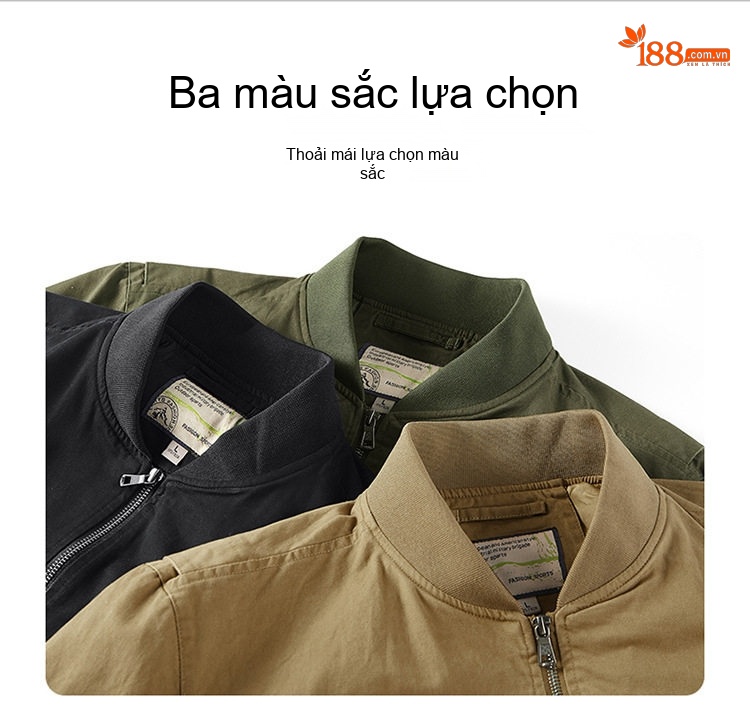 Áo Khoác Bomber Nam Cotton Giặt Nước Nhiều Túi Dáng Rộng Màu Đen, Xanh Olive, Nâu Vàng chi tiết 4