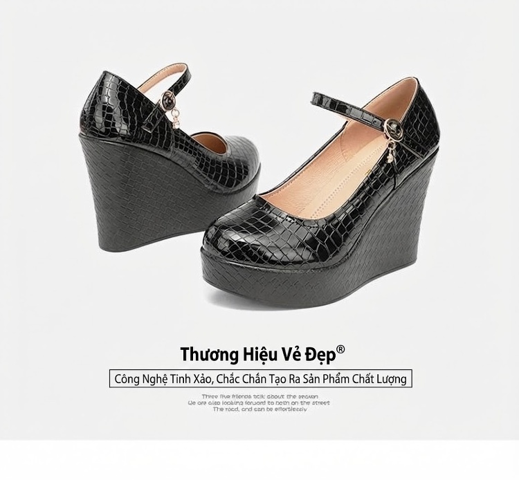 Giày Cao Gót Đế Xuồng Quai Ngang Da Bóng Chiều Cao Đế Khoảng 8cm Màu Đen, Trắng chi tiết 18